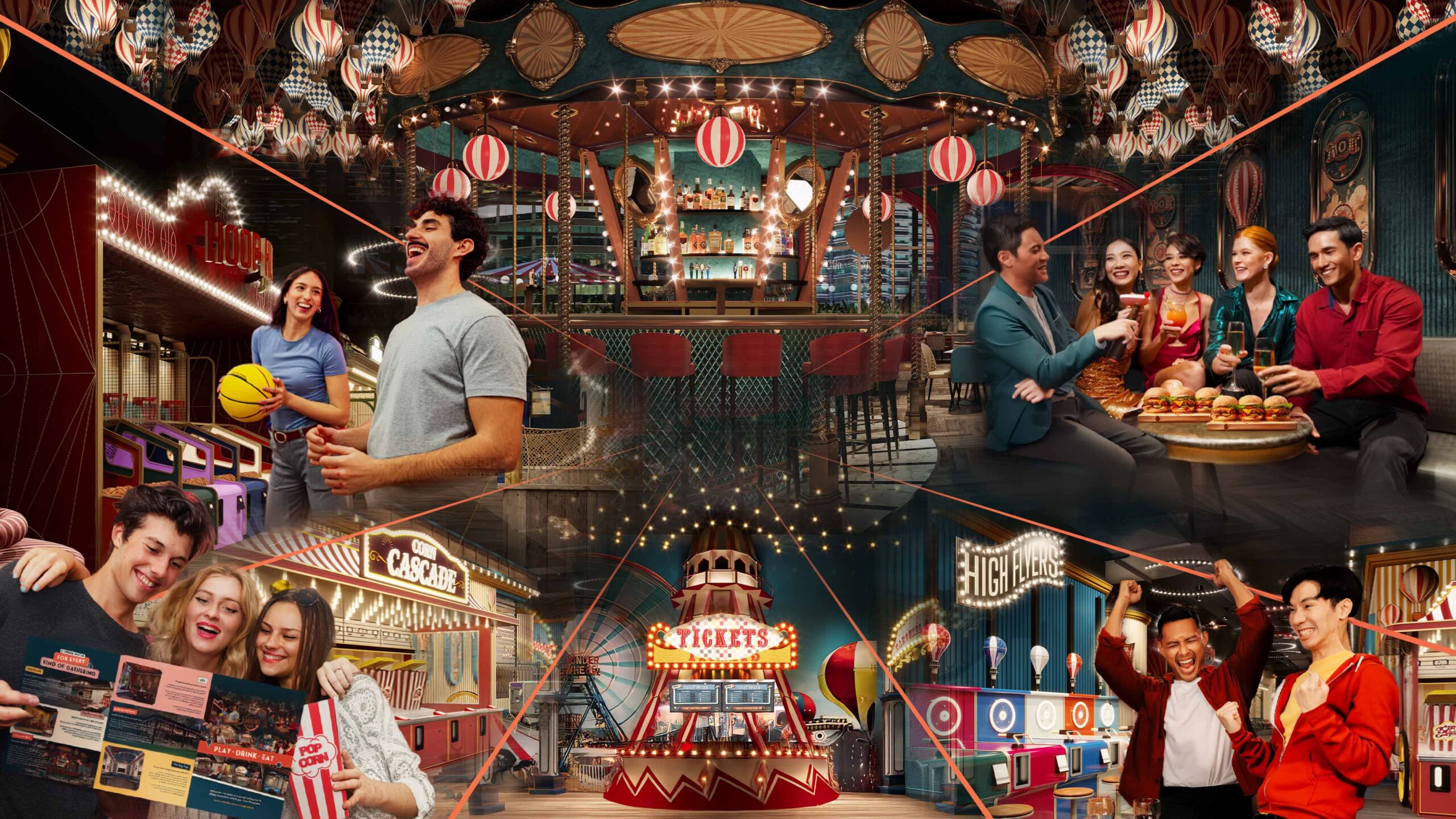 Young adults enjoying games, food, and drinks at Carousel & Co., featuring the arcade, carnival-themed dining, and entertainment spaces.